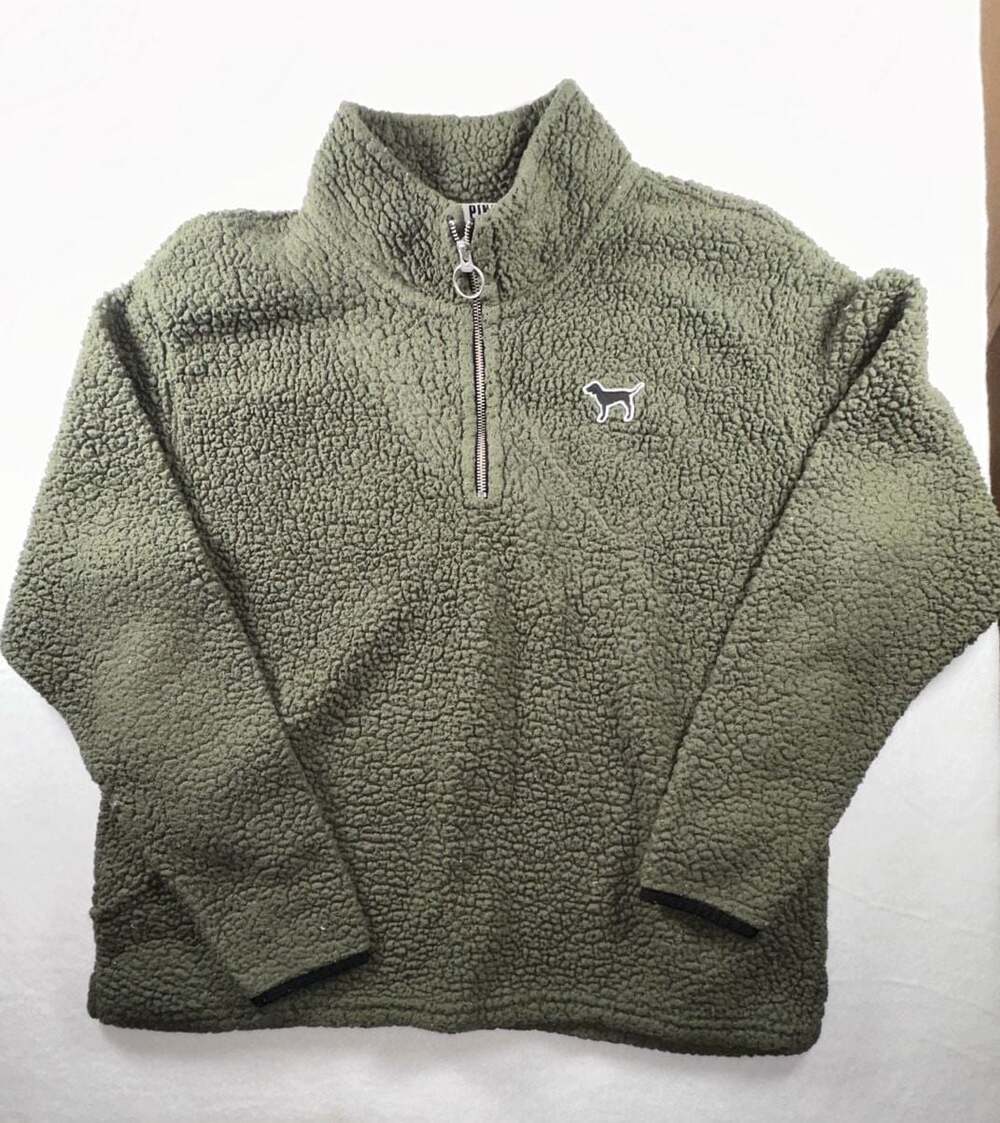 Victoria's Secret PINK Sherpa 1/4 Zip Pullover Sweatshirt in Olive Green